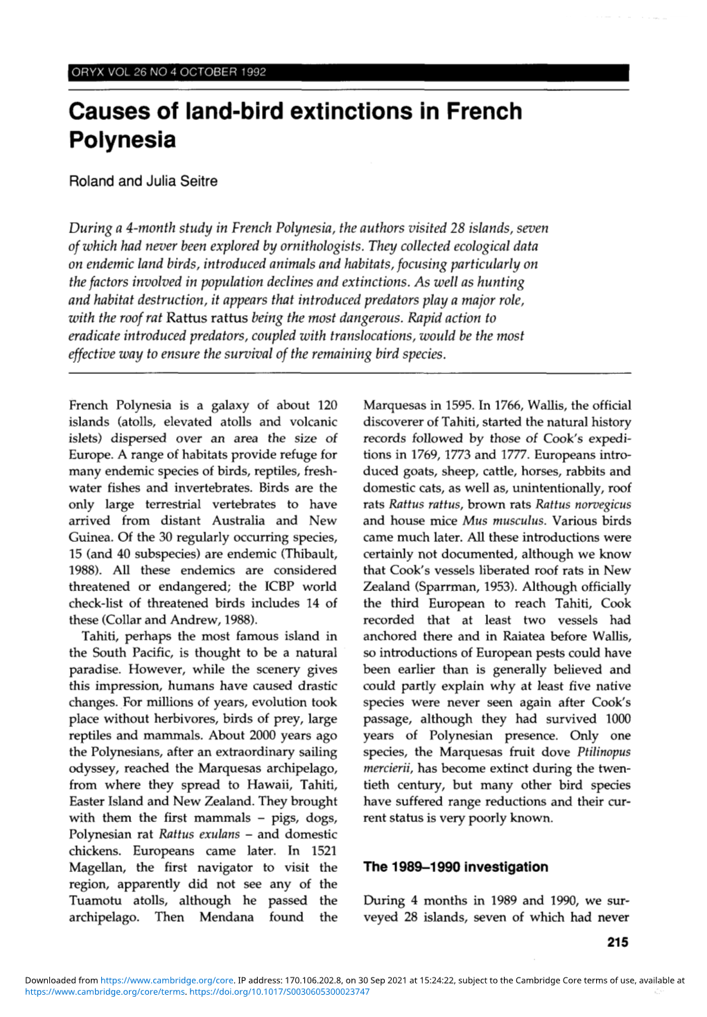 Causes of Land-Bird Extinctions in French Polynesia