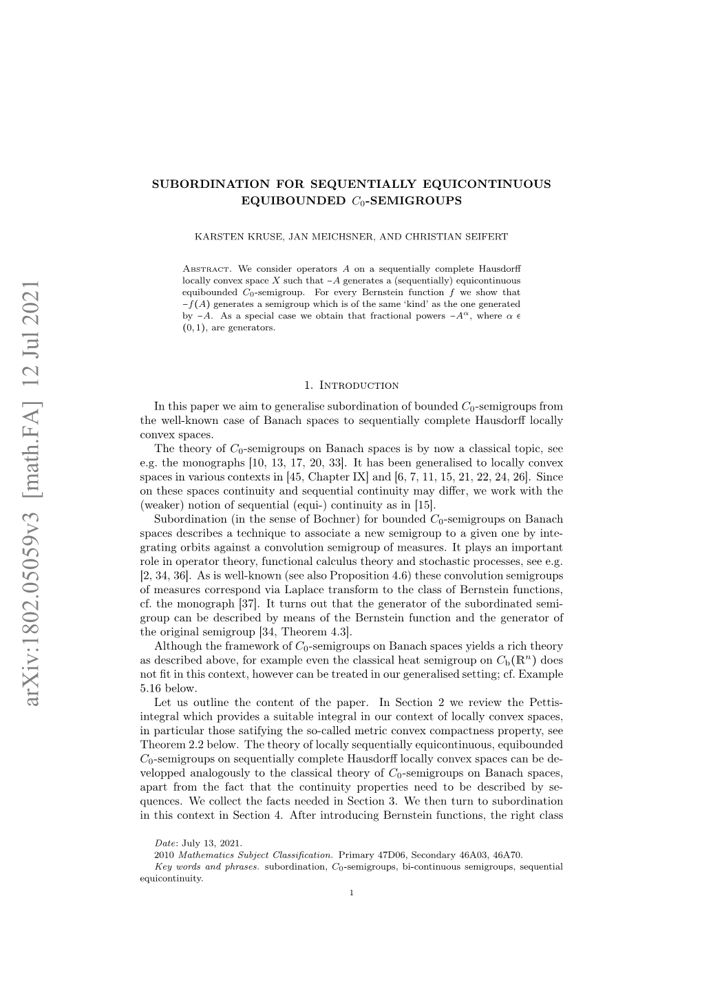 Arxiv:1802.05059V3 [Math.FA] 12 Jul 2021 Ru a Edsrbdb En Ftebrsenfnto and Function Bernstein the 4.3]