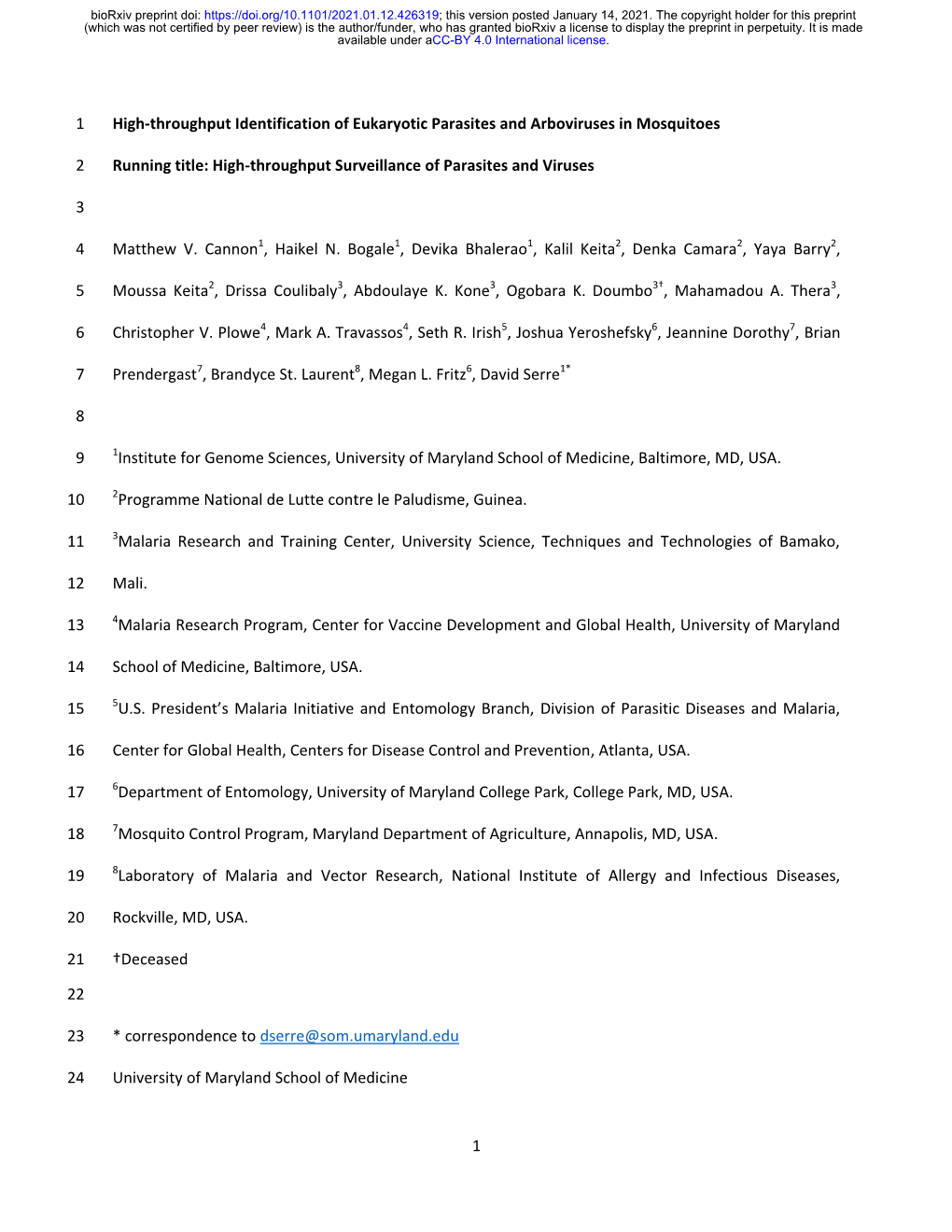 High-Throughput Identification of Eukaryotic Parasites and Arboviruses in Mosquitoes