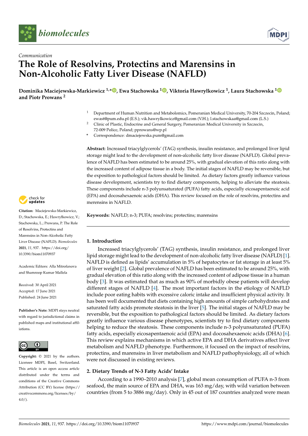 The Role of Resolvins, Protectins and Marensins in Non-Alcoholic Fatty ...
