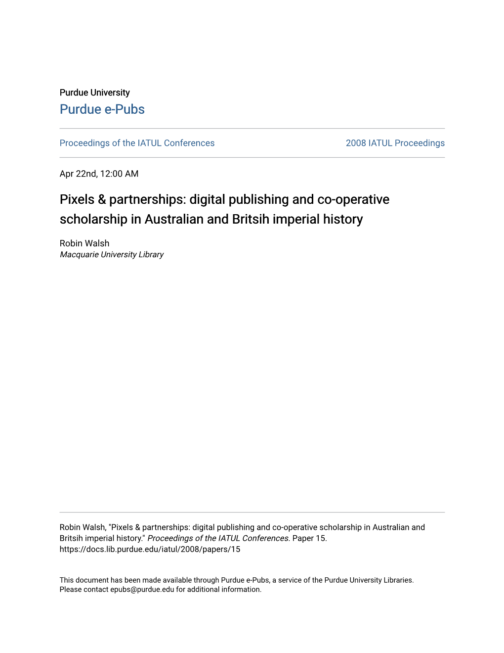 Digital Publishing and Co-Operative Scholarship in Australian and Britsih Imperial History