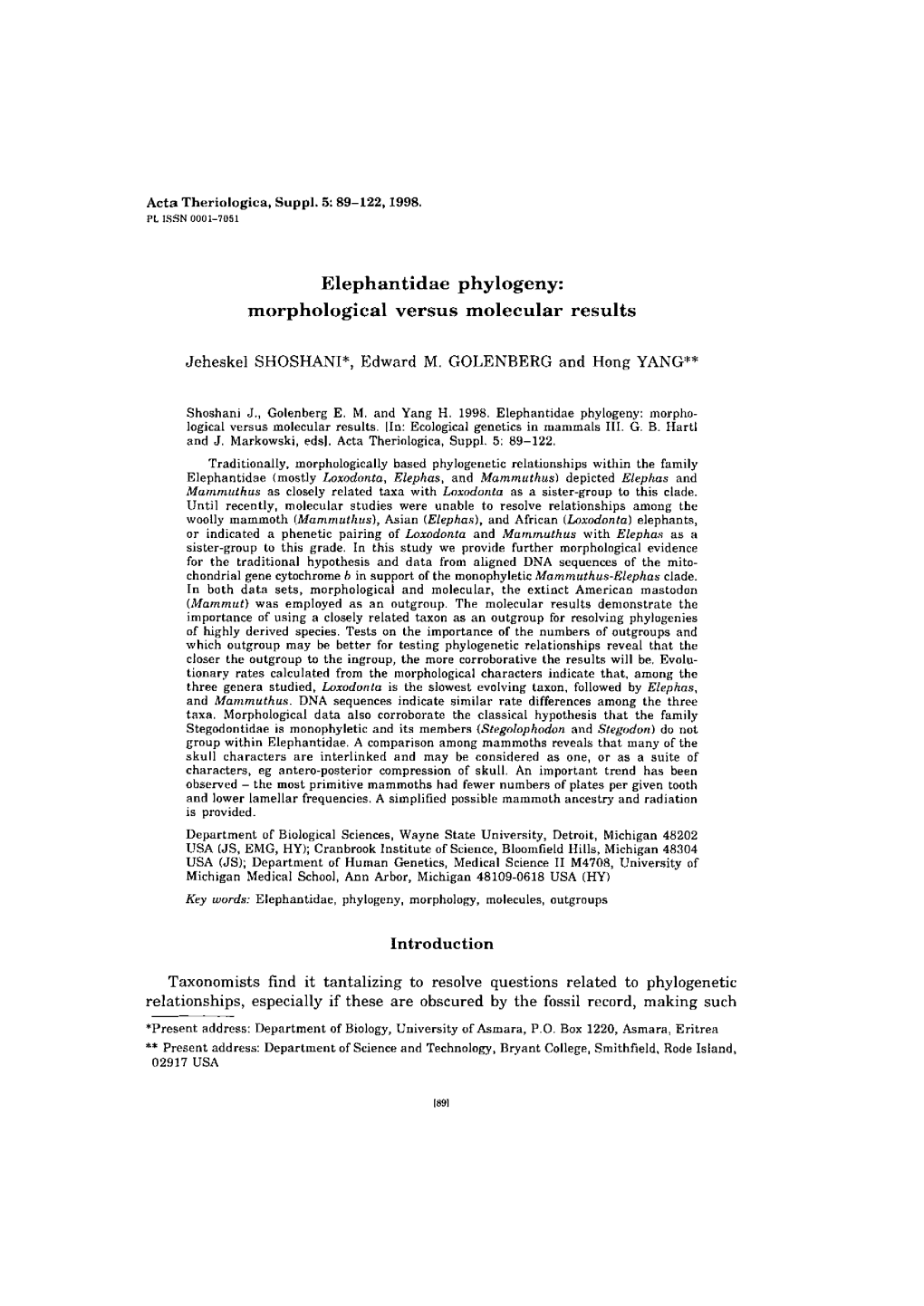 Elephantidae Phylogeny: Morphological Versus Molecular Results