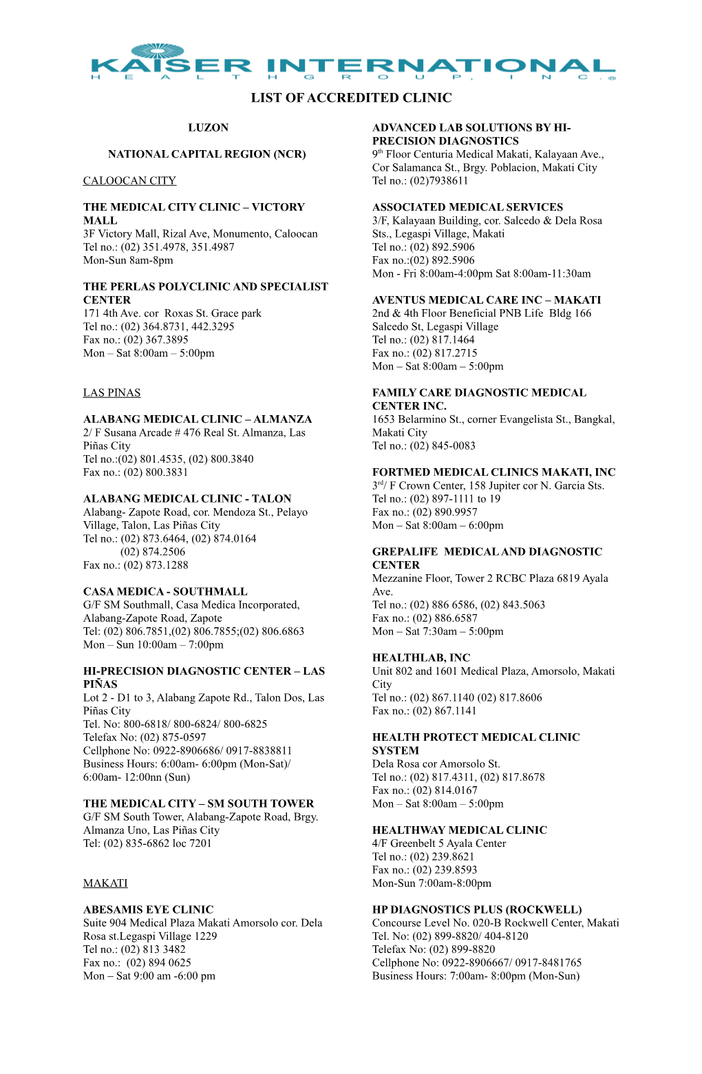 List of Accredited Clinic