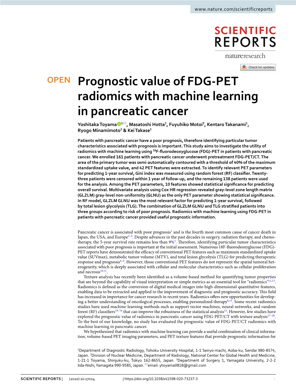 Prognostic Value of FDG-PET Radiomics with Machine Learning in Pancreatic Cancer