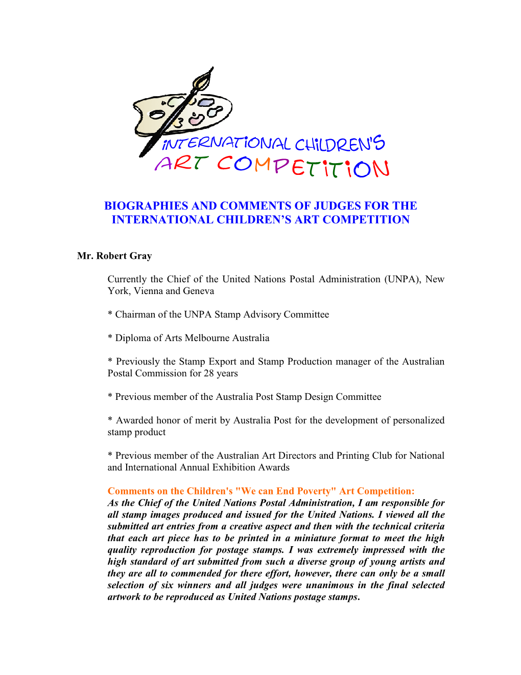 Biographies and Comments of Judges for the International Children's Art Competition