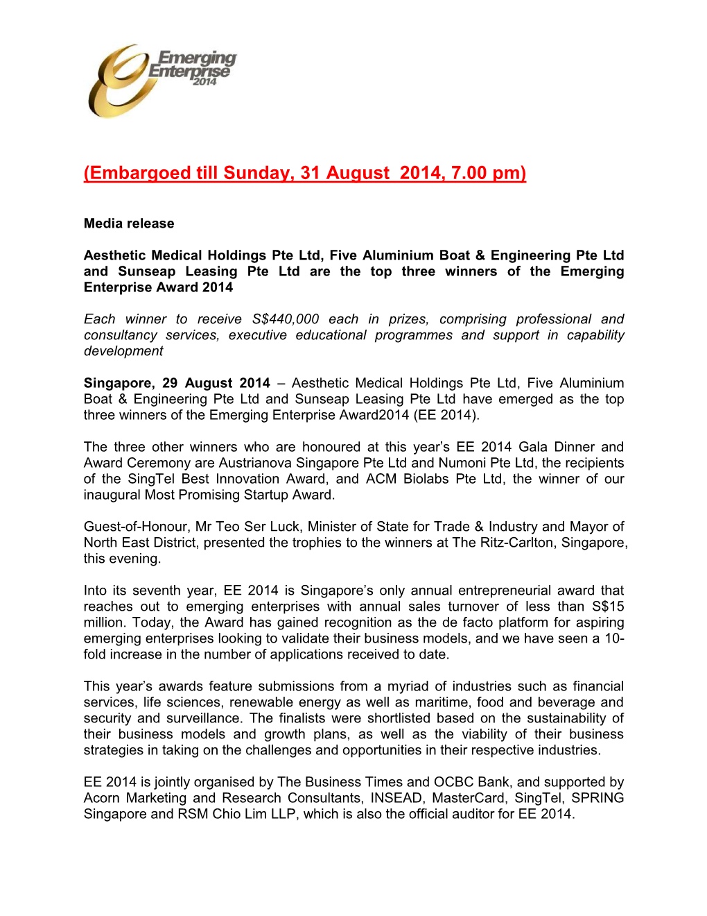 Embargoed Till Sunday, 31 August 2014, 7.00 Pm