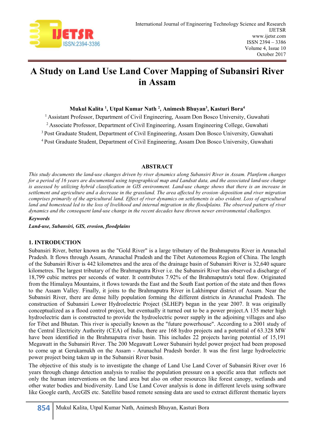 A Study on Land Use Land Cover Mapping of Subansiri River in Assam