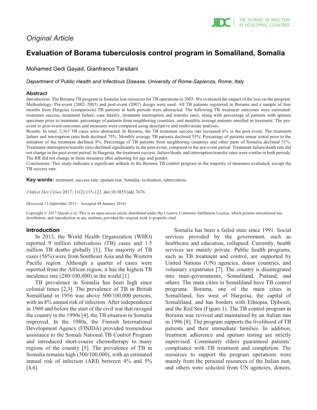 Original Article Evaluation of Borama Tuberculosis Control Program In