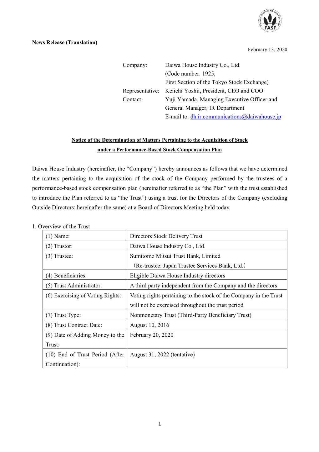 Notice of the Determination of Matters Pertaining to the Acquisition of Stock Under a Performance-Based Stock Compensation Plan