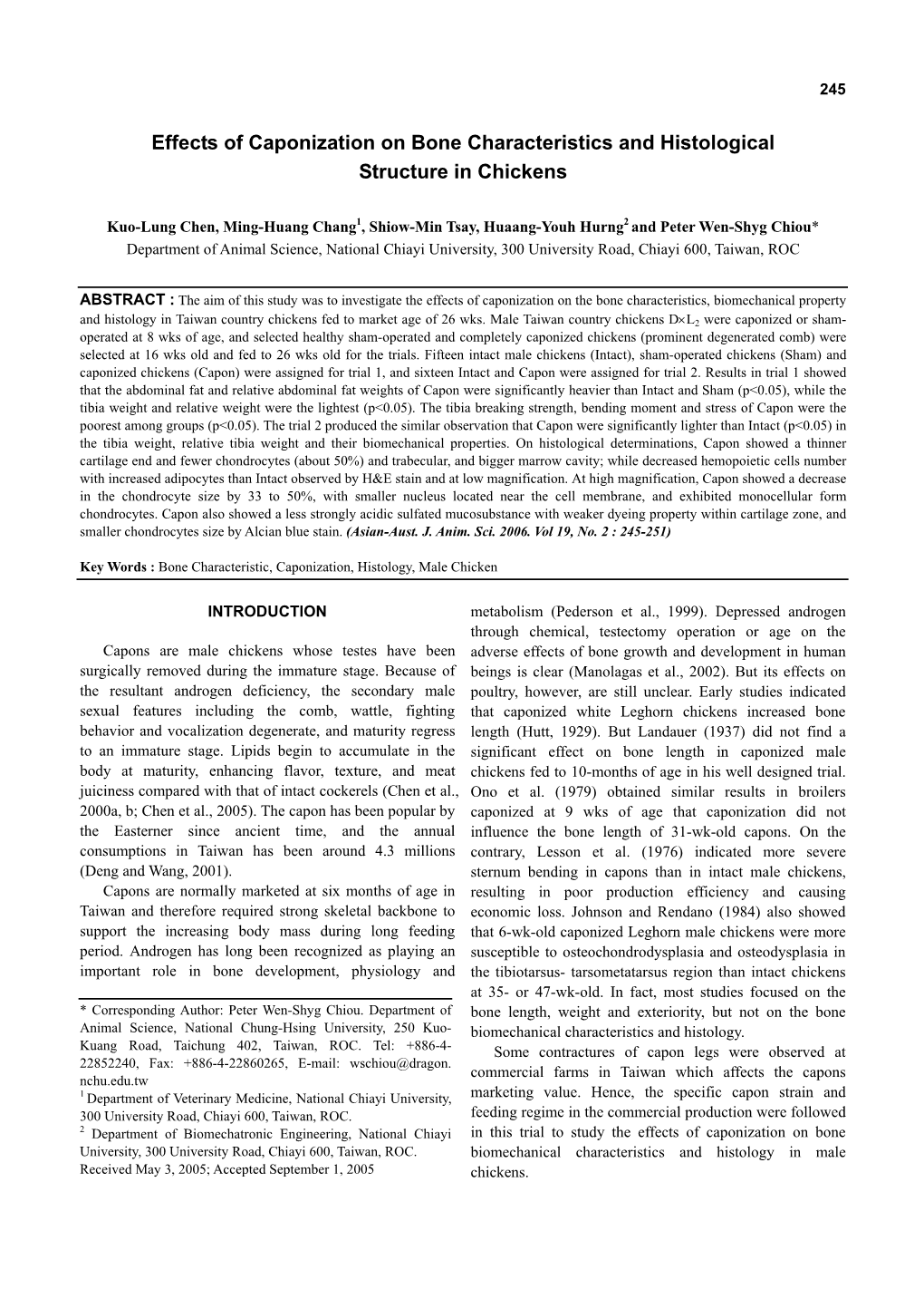 Effects of Caponization on Bone Characteristics and Histological Structure in Chickens