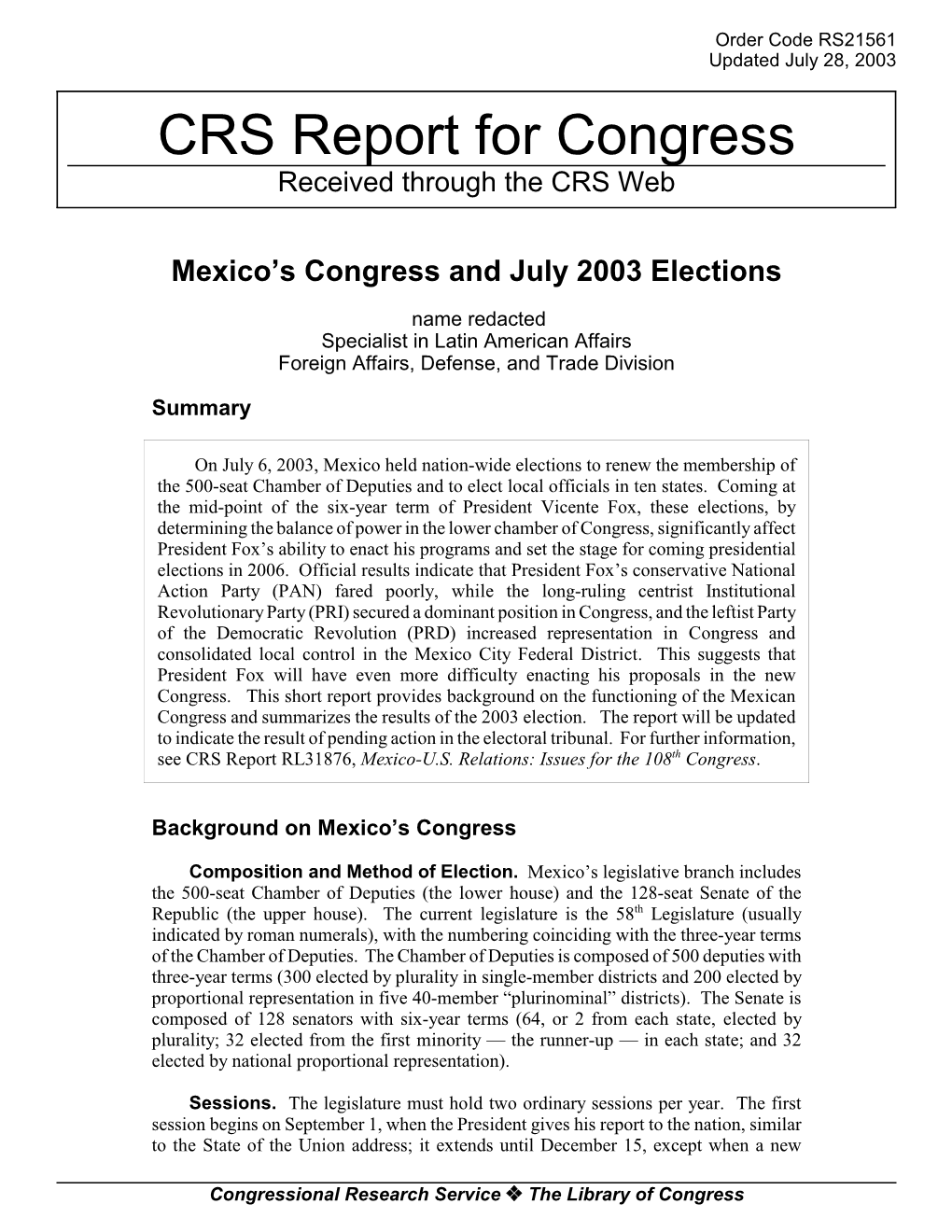 Mexico's Congress and July 2003 Elections