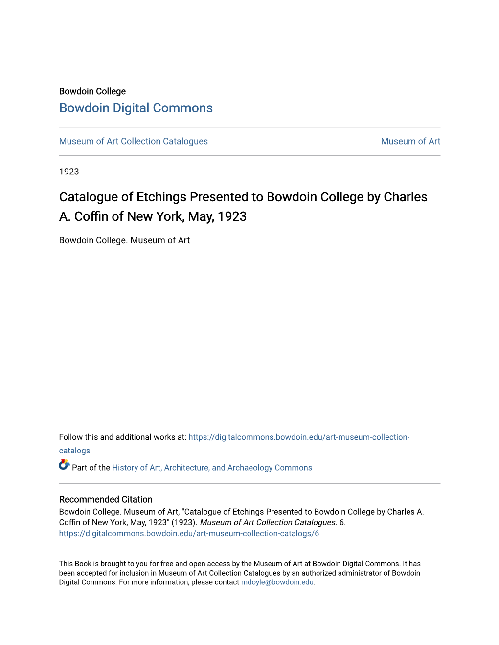 Catalogue of Etchings Presented to Bowdoin College by Charles A