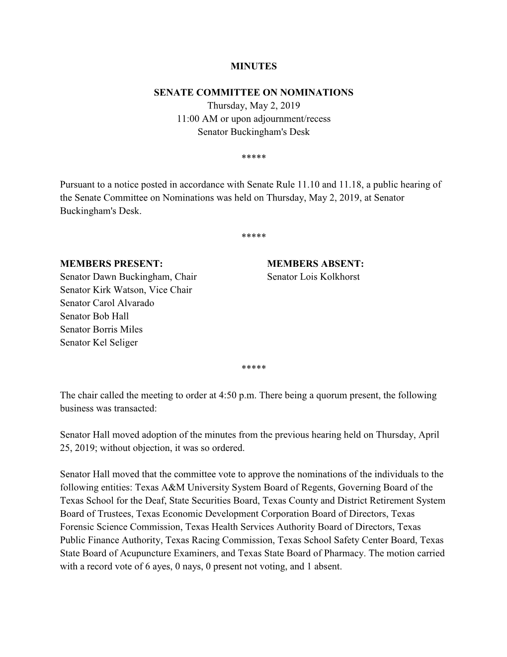 MINUTES SENATE COMMITTEE on NOMINATIONS Thursday, May 2