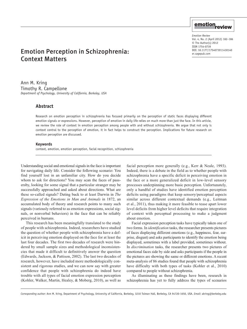 Emotion Perception in Schizophrenia: Context Matters