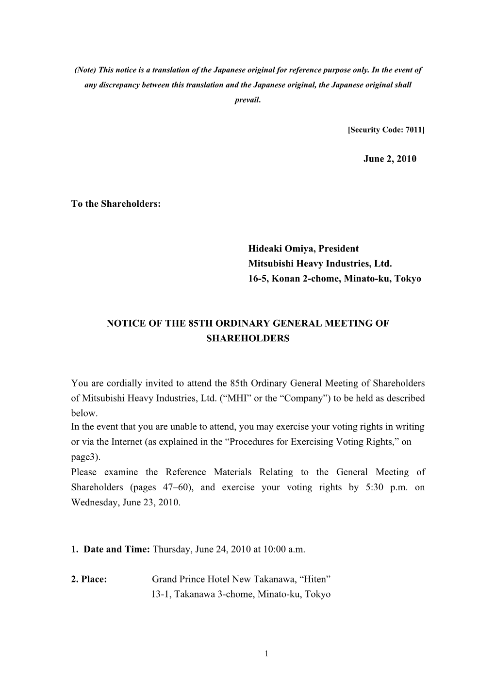 Notice of the 85Th Ordinary General Meeting of Shareholders (234KB)