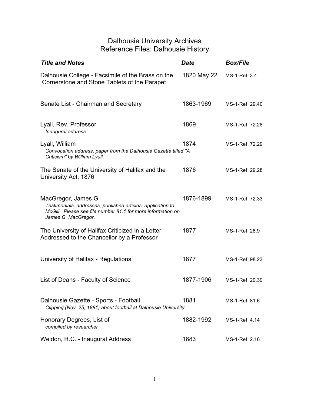 Dalhousie University Archives Reference Files: Dalhousie History