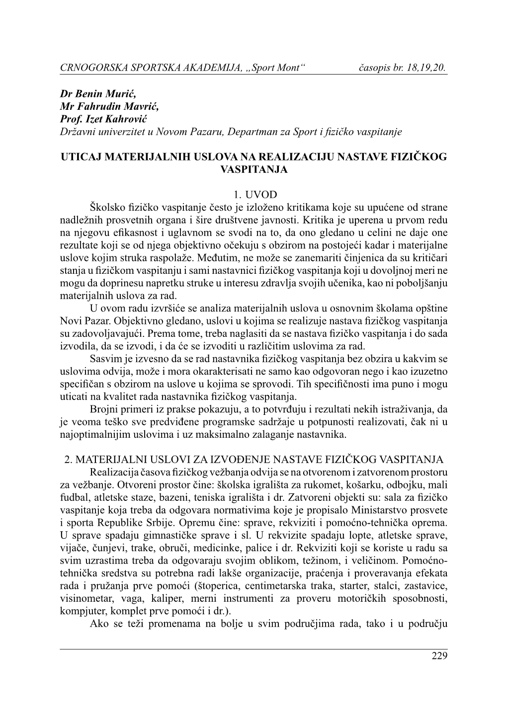 CRNOGORSKA SPORTSKA AKADEMIJA, „Sport Mont“ Časopis Br. 18,19,20. 229 Dr Benin Murić, Mr Fahrudin Mavrić, Prof. Izet Kahr