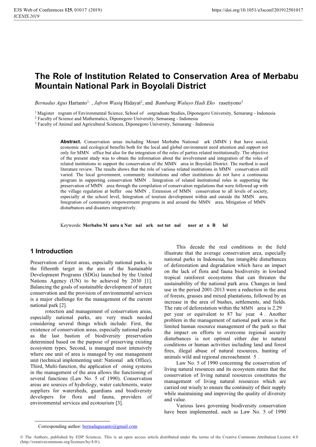 The Role of Institution Related to Conservation Area of Merbabu Mountain National Park in Boyolali District