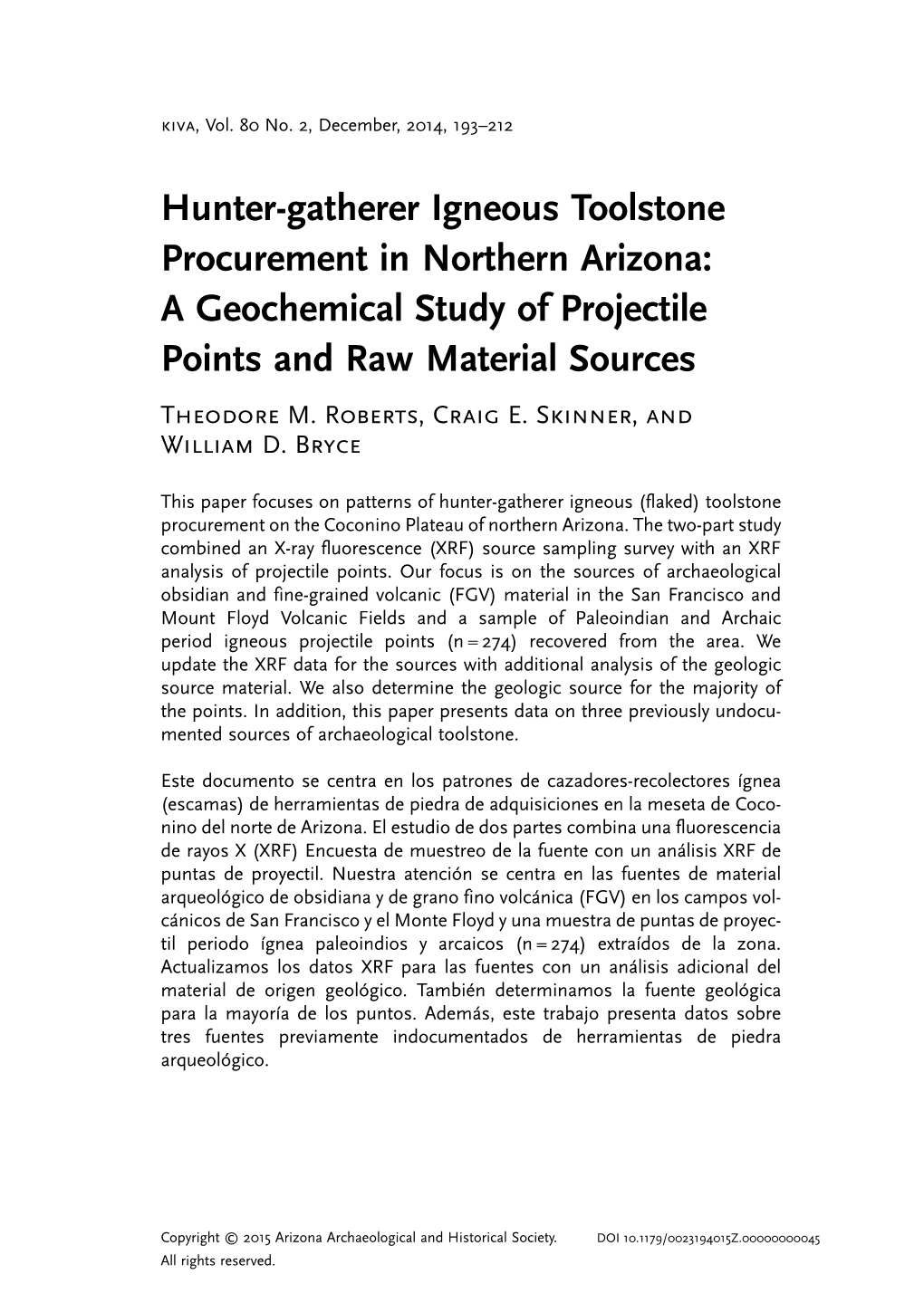 Hunter-Gatherer Igneous Toolstone Procurement in Northern Arizona: a Geochemical Study of Projectile Points and Raw Material Sources Theodore M