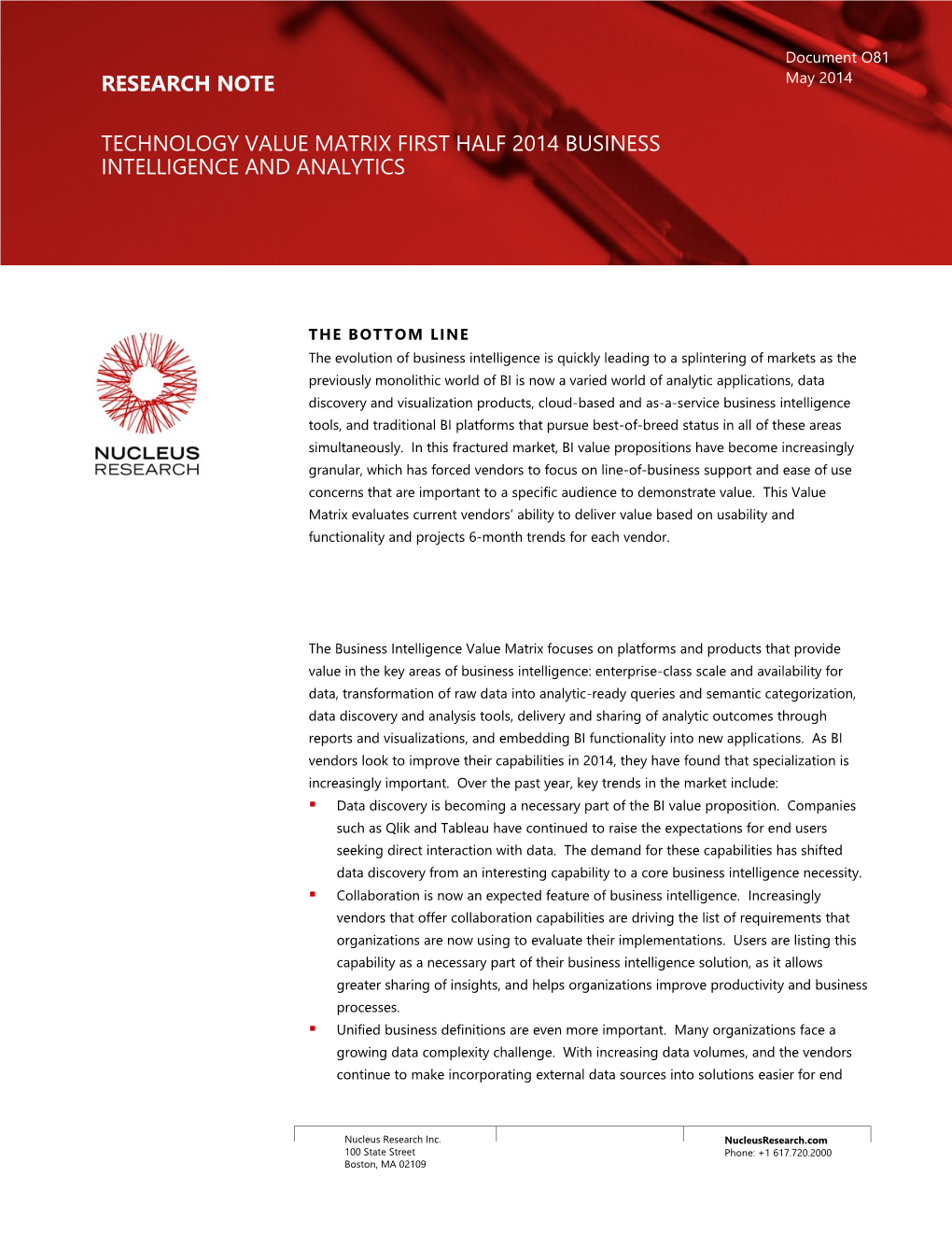 Research Note Technology Value Matrix First Half 2014 Business Intelligence and Analytics