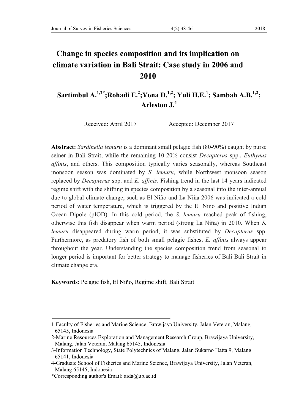 Change in Species Composition and Its Implication on Climate Variation in Bali Strait: Case Study in 2006 and 2010