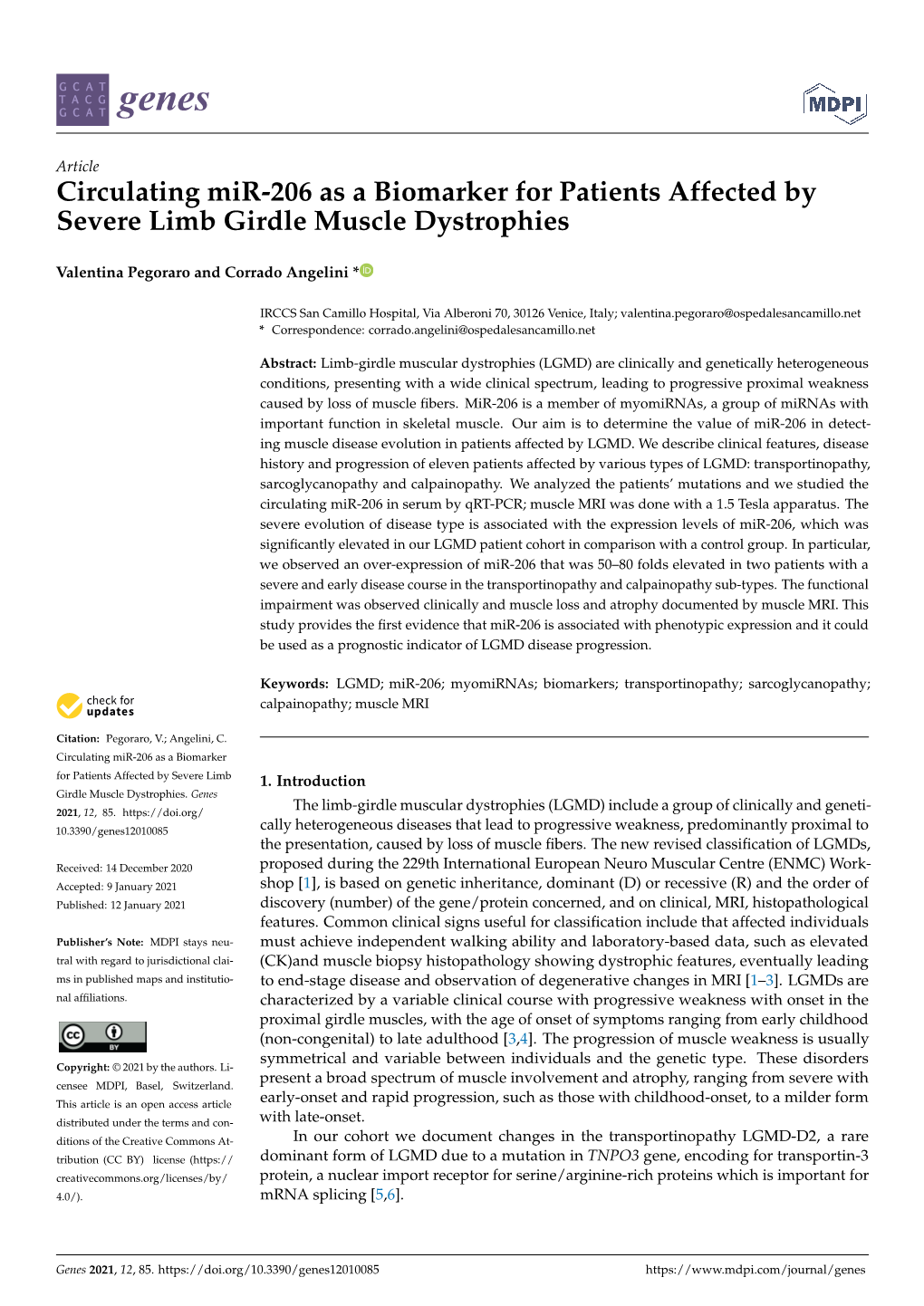 Circulating Mir-206 As a Biomarker for Patients Affected by Severe Limb Girdle Muscle Dystrophies