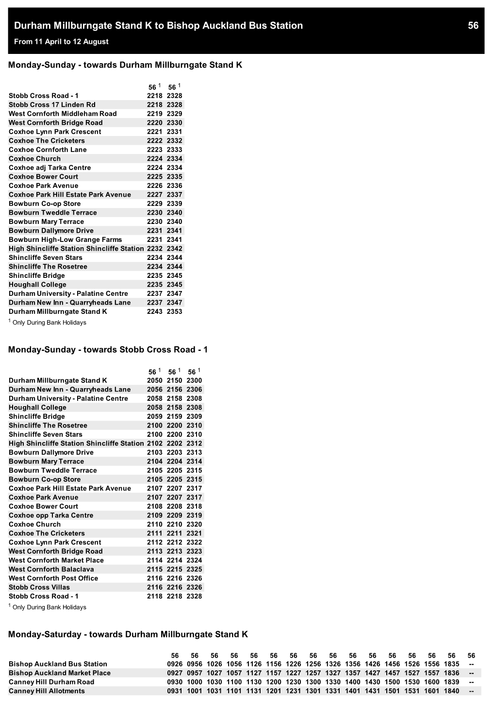 56 from Durham Millburngate Stand K to Bishop Auckland Bus Station