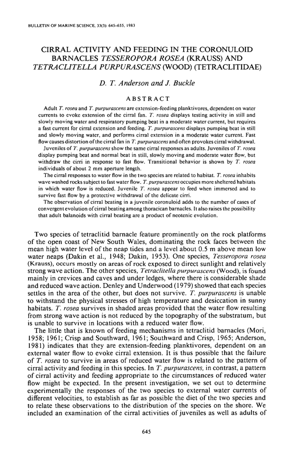 Cirral Activity and Feeding in the Coronuloid Barnacles Tesseropora Rosea (Krauss) and Tetraclitella Purpurascens (Wood) (Tetraclitidae)