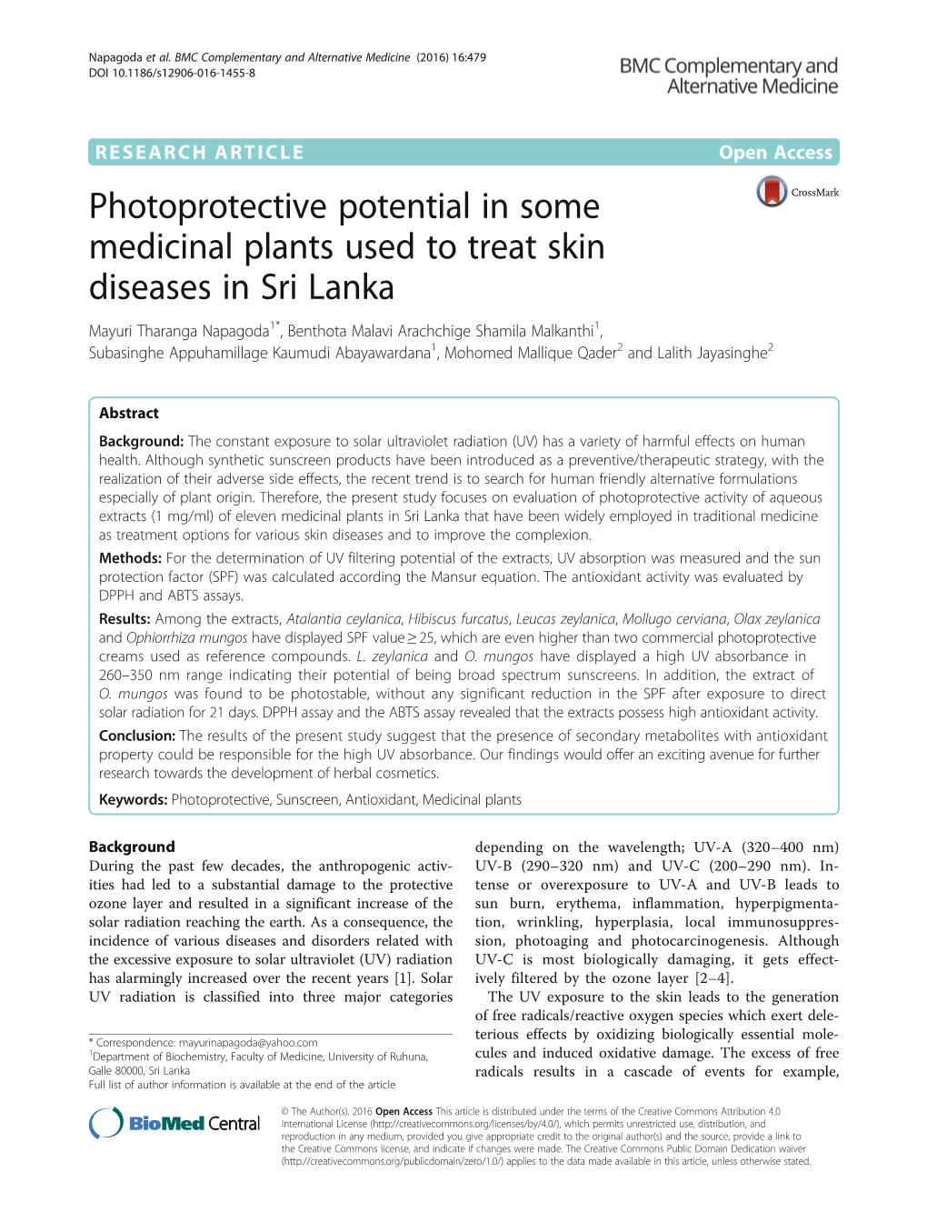 Photoprotective Potential in Some Medicinal Plants Used to Treat Skin