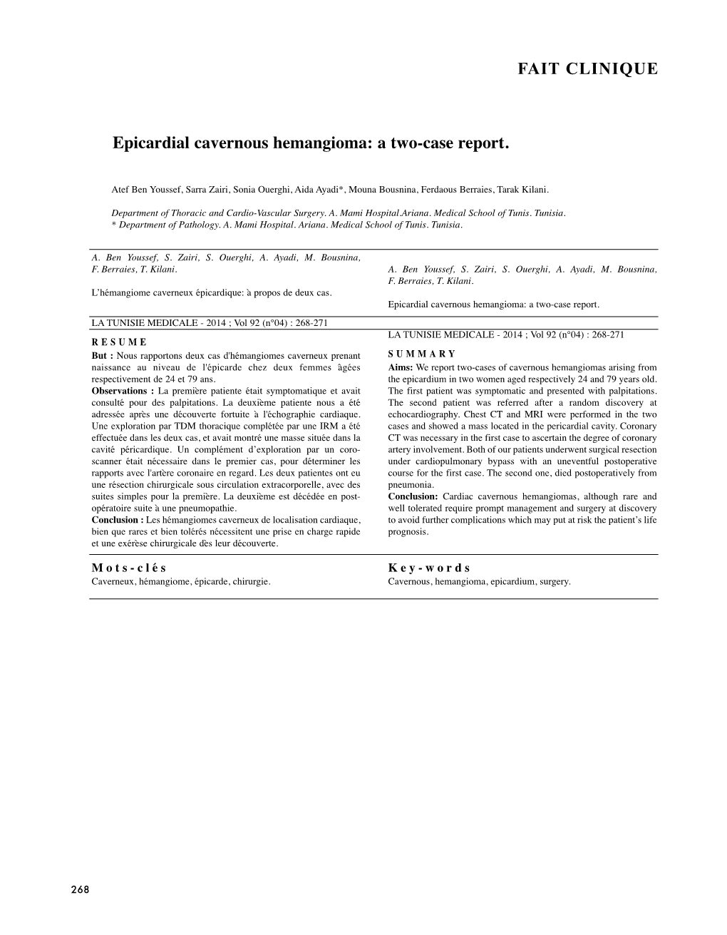 Epicardial Cavernous Hemangioma: a Two-Case Report. FAIT CLINIQUE