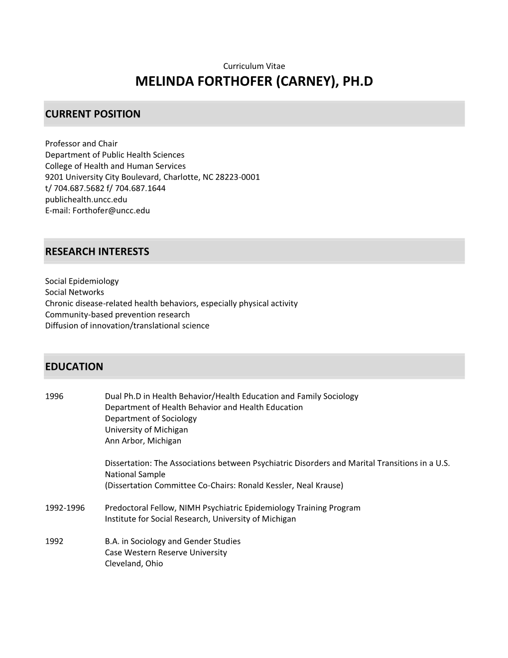 Curriculum Vitae MELINDA FORTHOFER (CARNEY), PH.D