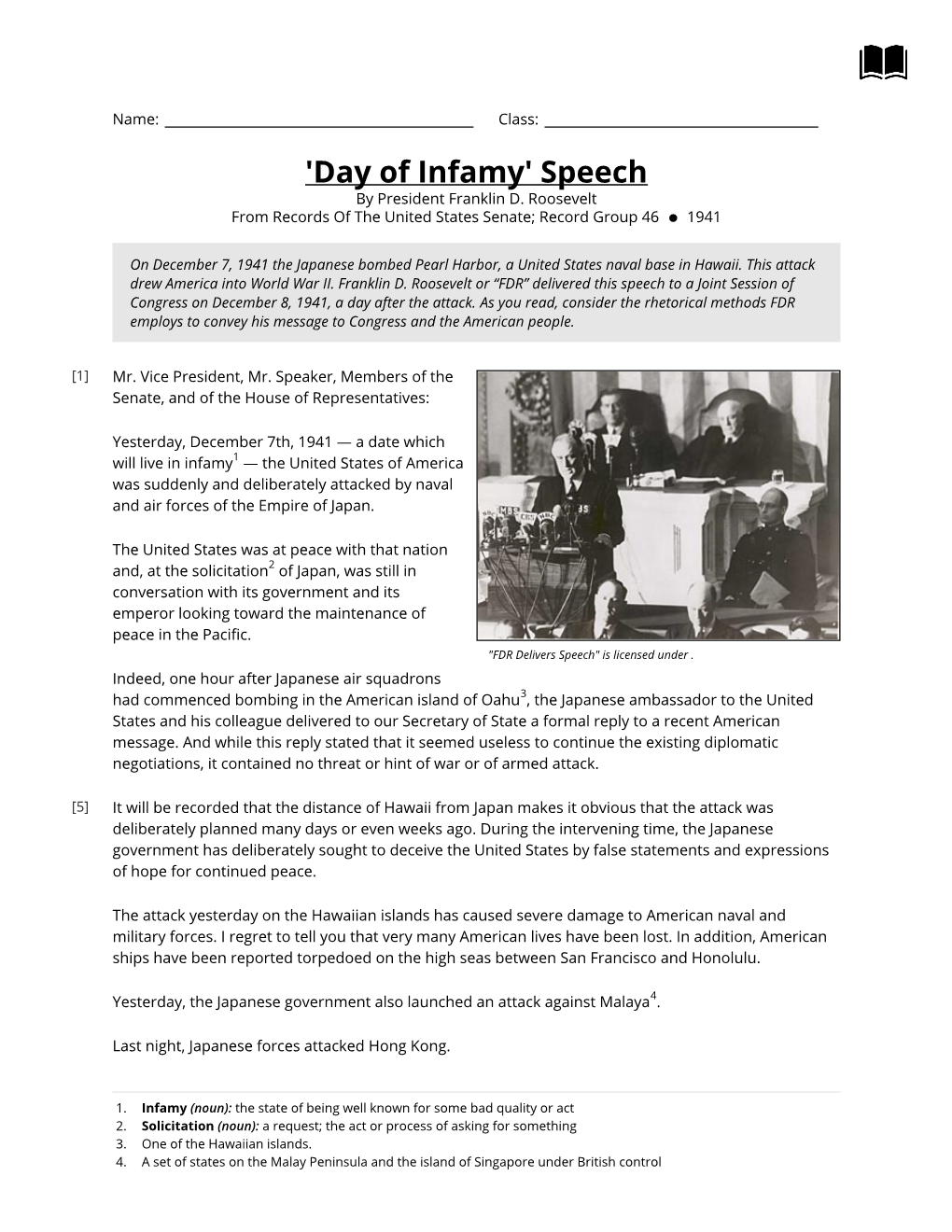 'Day of Infamy' Speech by President Franklin D