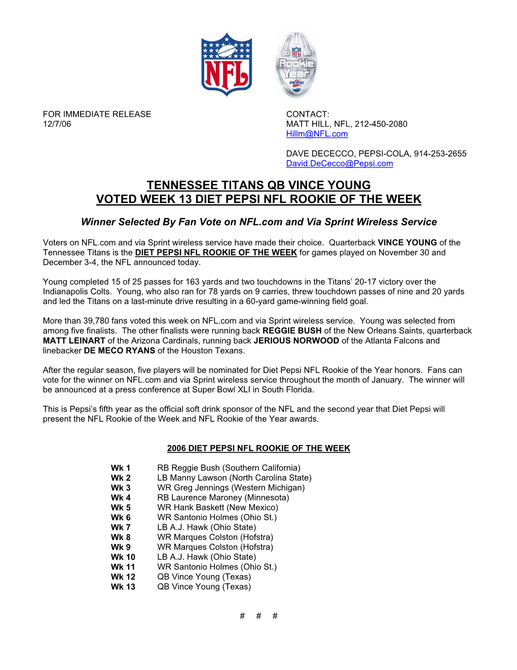 Tennessee Titans Qb Vince Young Voted Week 13 Diet Pepsi Nfl Rookie of the Week