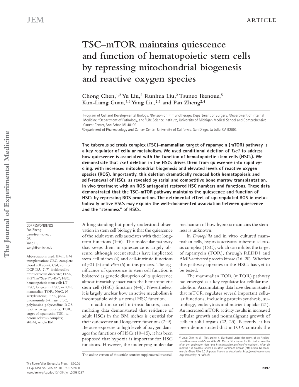 TSC – Mtor Maintains Quiescence and Function of Hematopoietic Stem