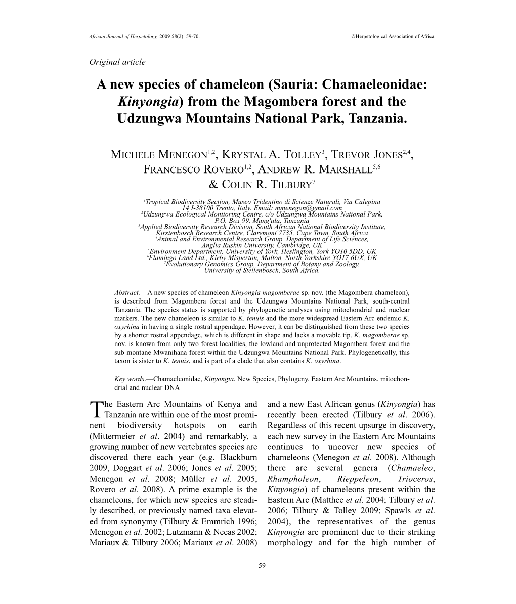 A New Species of Chameleon (Sauria: Chamaeleonidae: Kinyongia) from the Magombera Forest and the Udzungwa Mountains National Park, Tanzania