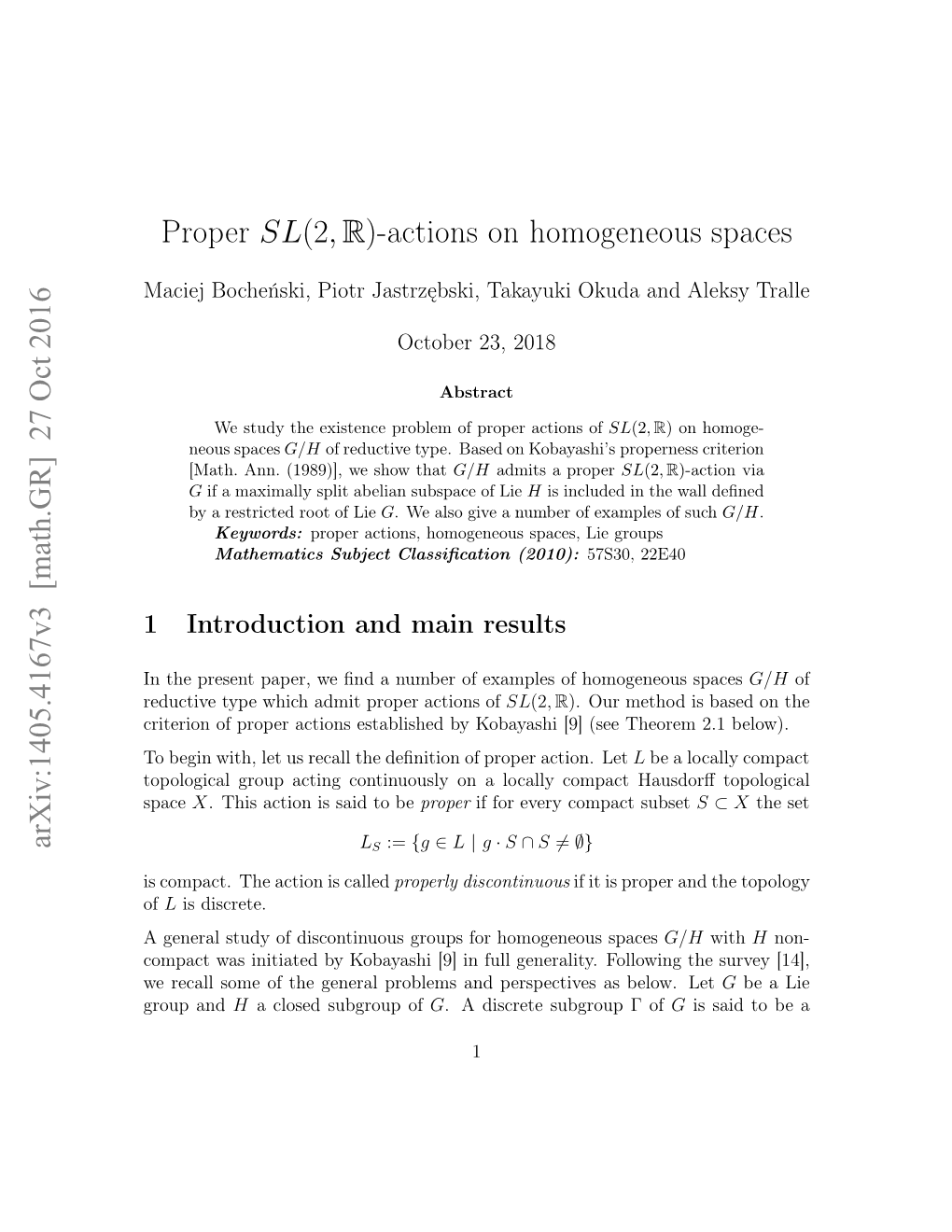 Proper SL (2, R)-Actions on Homogeneous Spaces