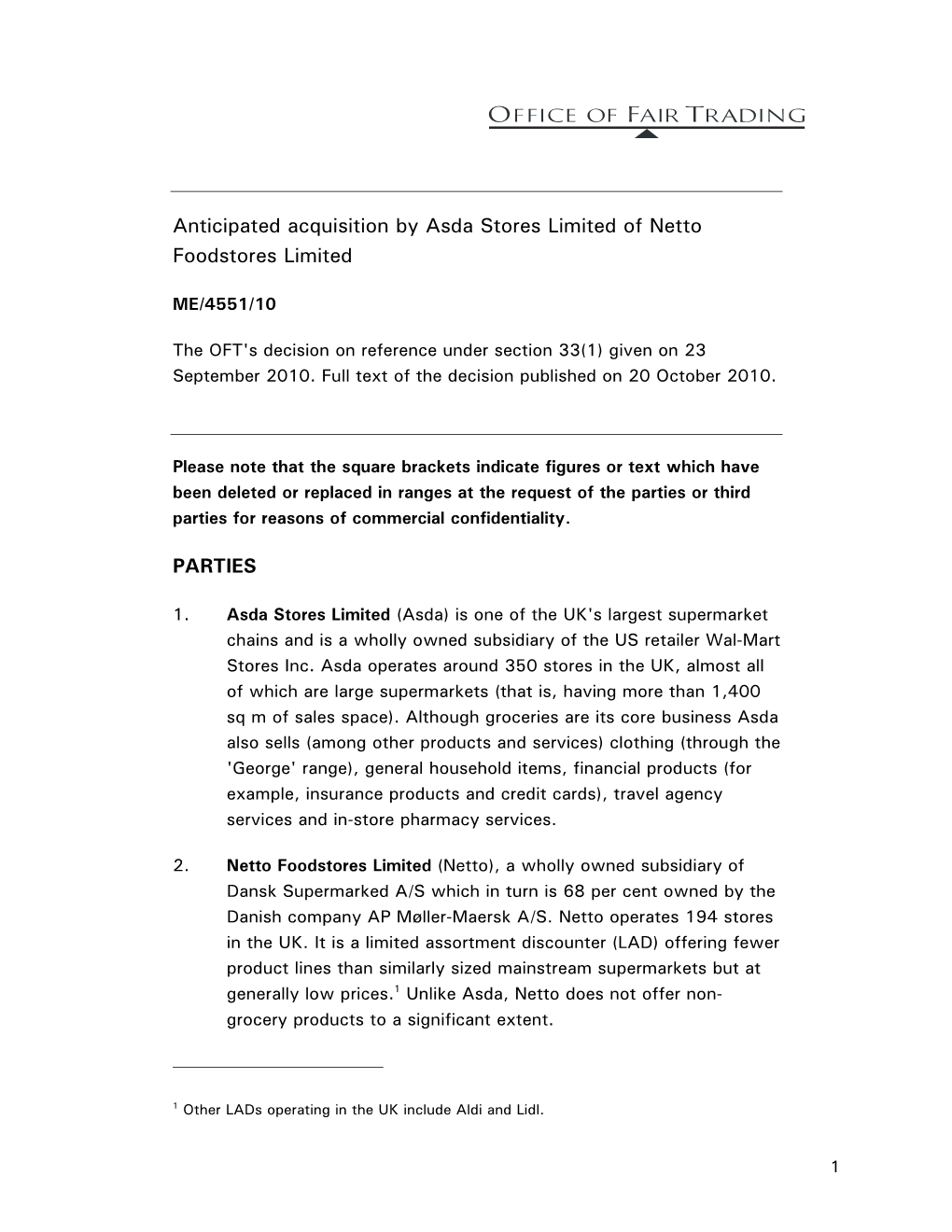 Anticipated Acquisition by Asda Stores Limited of Netto Foodstores Limited