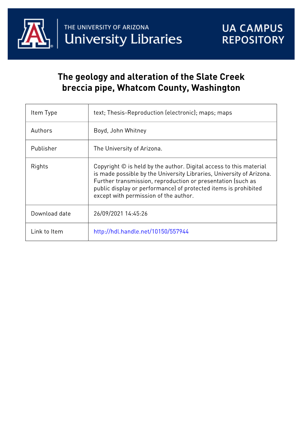 The Geology and Alteration of the Siate Creek Breccia Pipe, Whatcom County, Washington