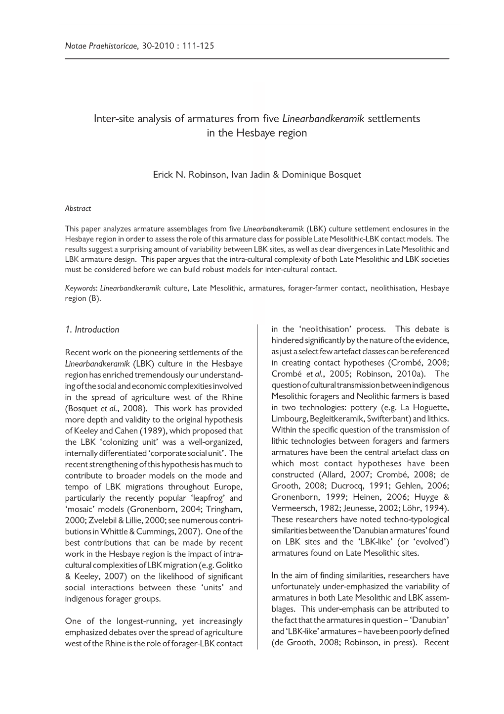 Inter-Site Analysis of Armatures from Five Linearbandkeramik Settlements in the Hesbaye Region