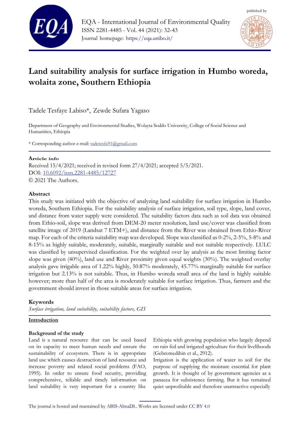 Land Suitability Analysis for Surface Irrigation in Humbo Woreda, Wolaita Zone, Southern Ethiopia