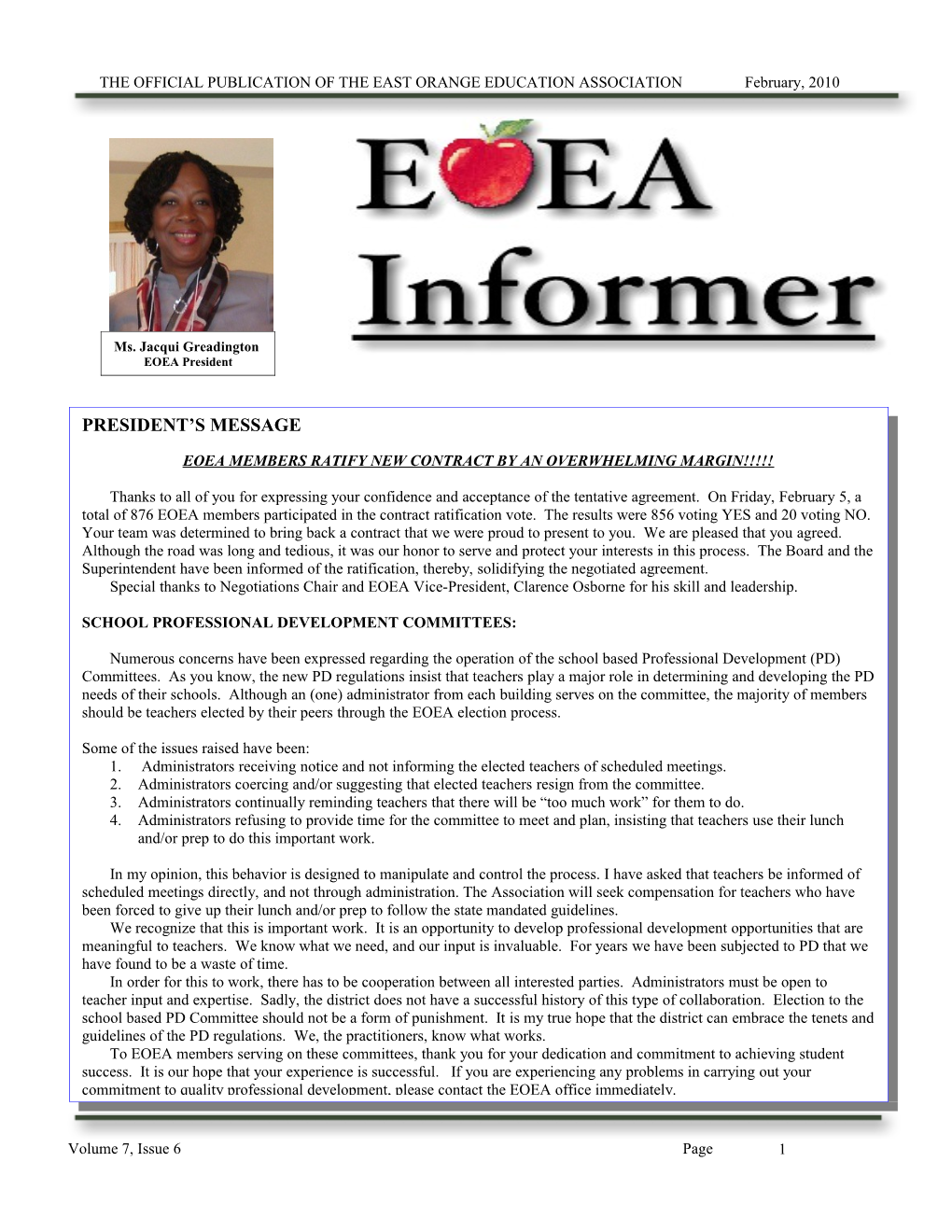 THE OFFICIAL PUBLICATION of the EAST ORANGE EDUCATION ASSOCIATION February, 2010