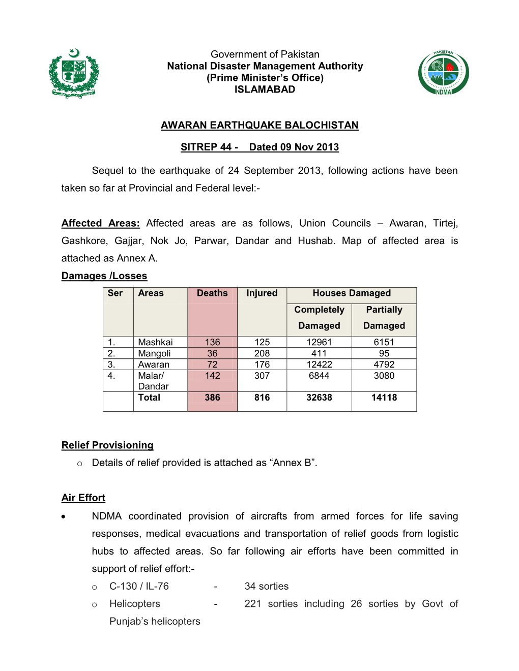 Government of Pakistan National Disaster Management Authority (Prime Minister’S Office) ISLAMABAD