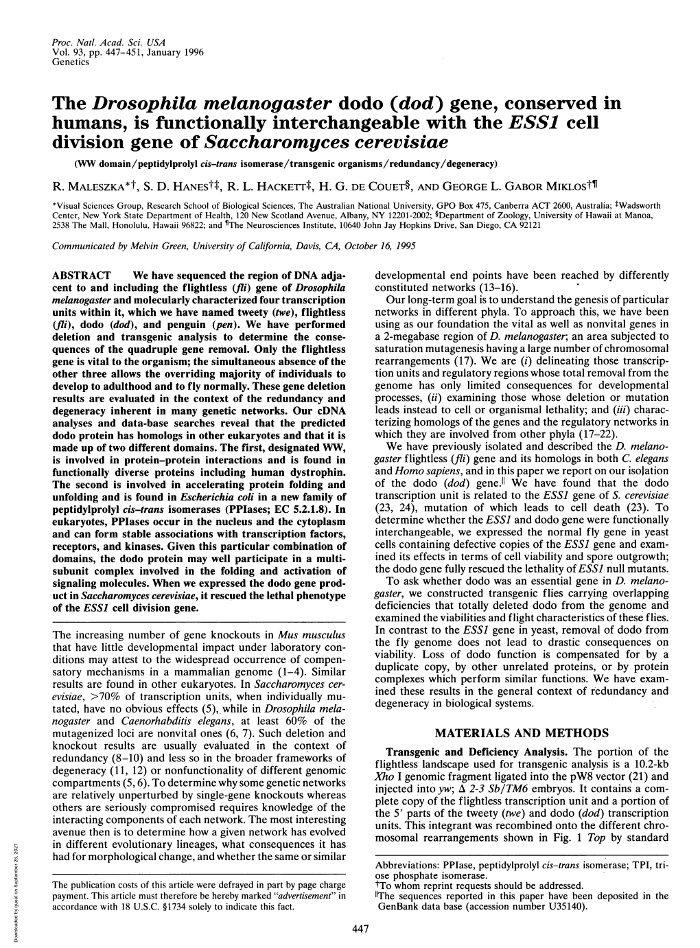 The Drosophila Melanogaster Dodo (Dod) Gene, Conserved in Humans, Is Functionally Interchangeable with the ESS1 Cell Division Ge