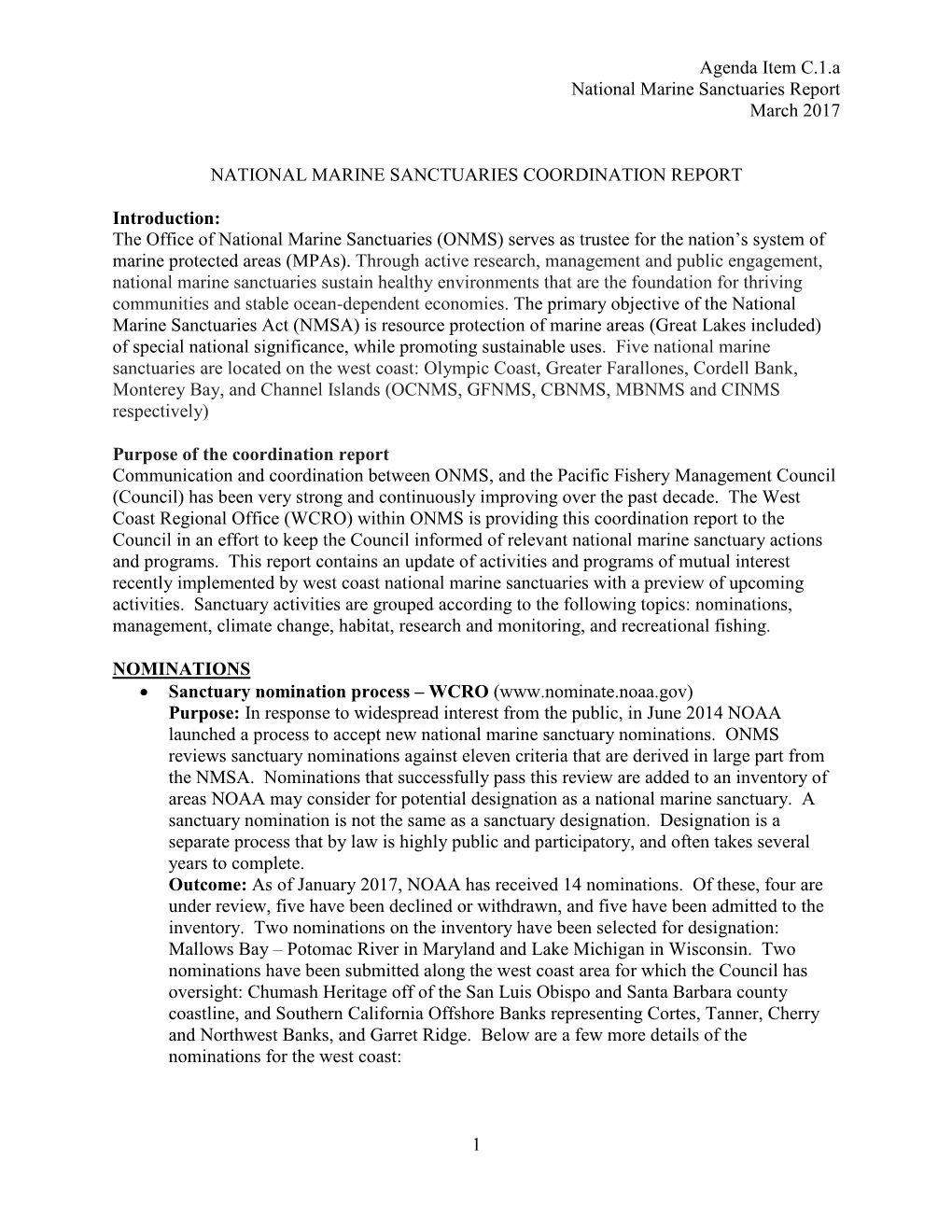 1 Agenda Item C.1.A National Marine Sanctuaries Report March