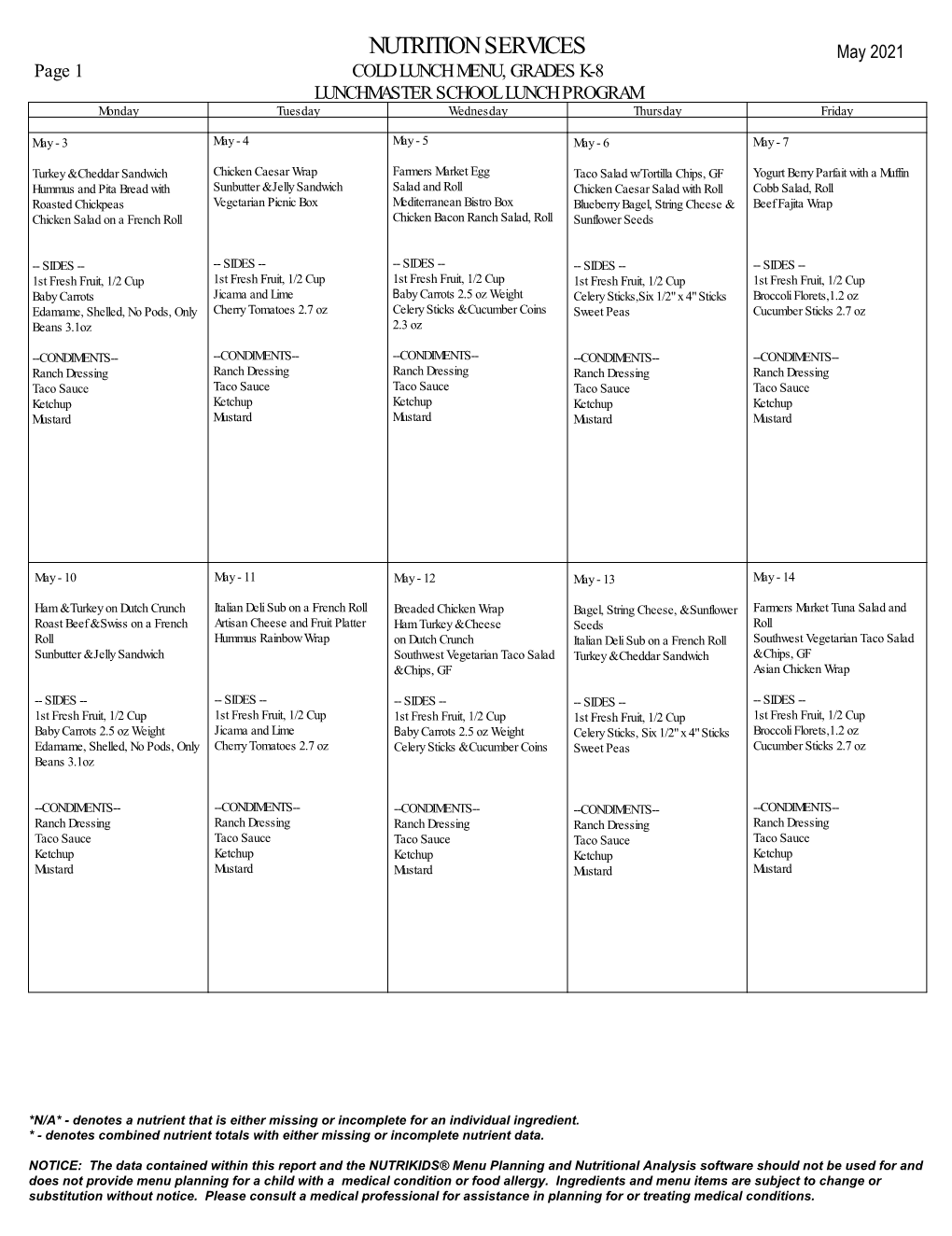 NUTRITION SERVICES May 2021 Page 1 COLD LUNCH MENU, GRADES K-8 Tuesdaylunchmaster Schoolwednesday LUNCH Programthursday Friday Monday