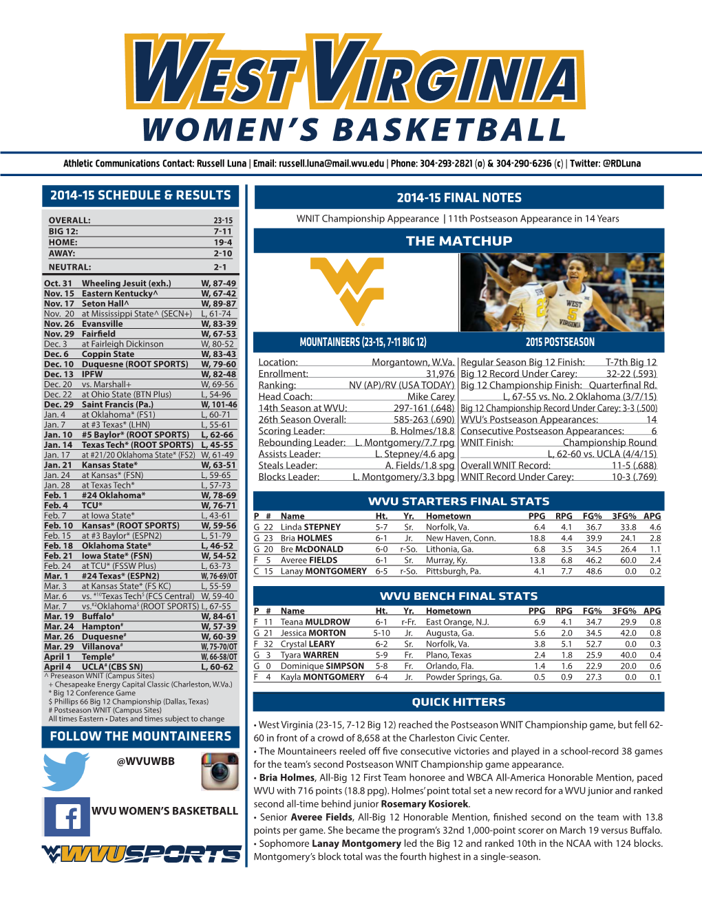 2014-15 WBB WVU Final Notes.Indd