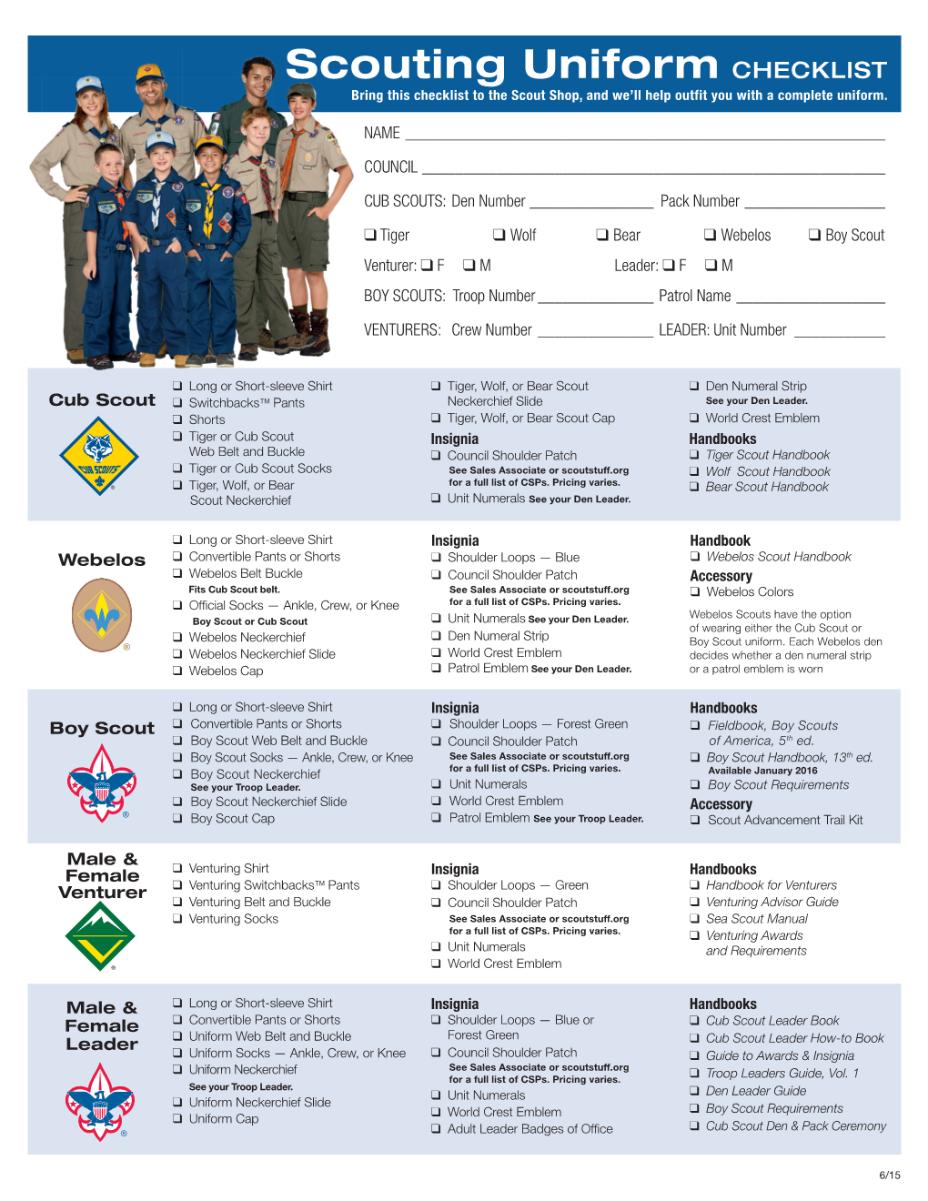 Uniform CHECKLIST Bring This Checklist to the Scout Shop, and We’Ll Help Outfit You with a Complete Uniform