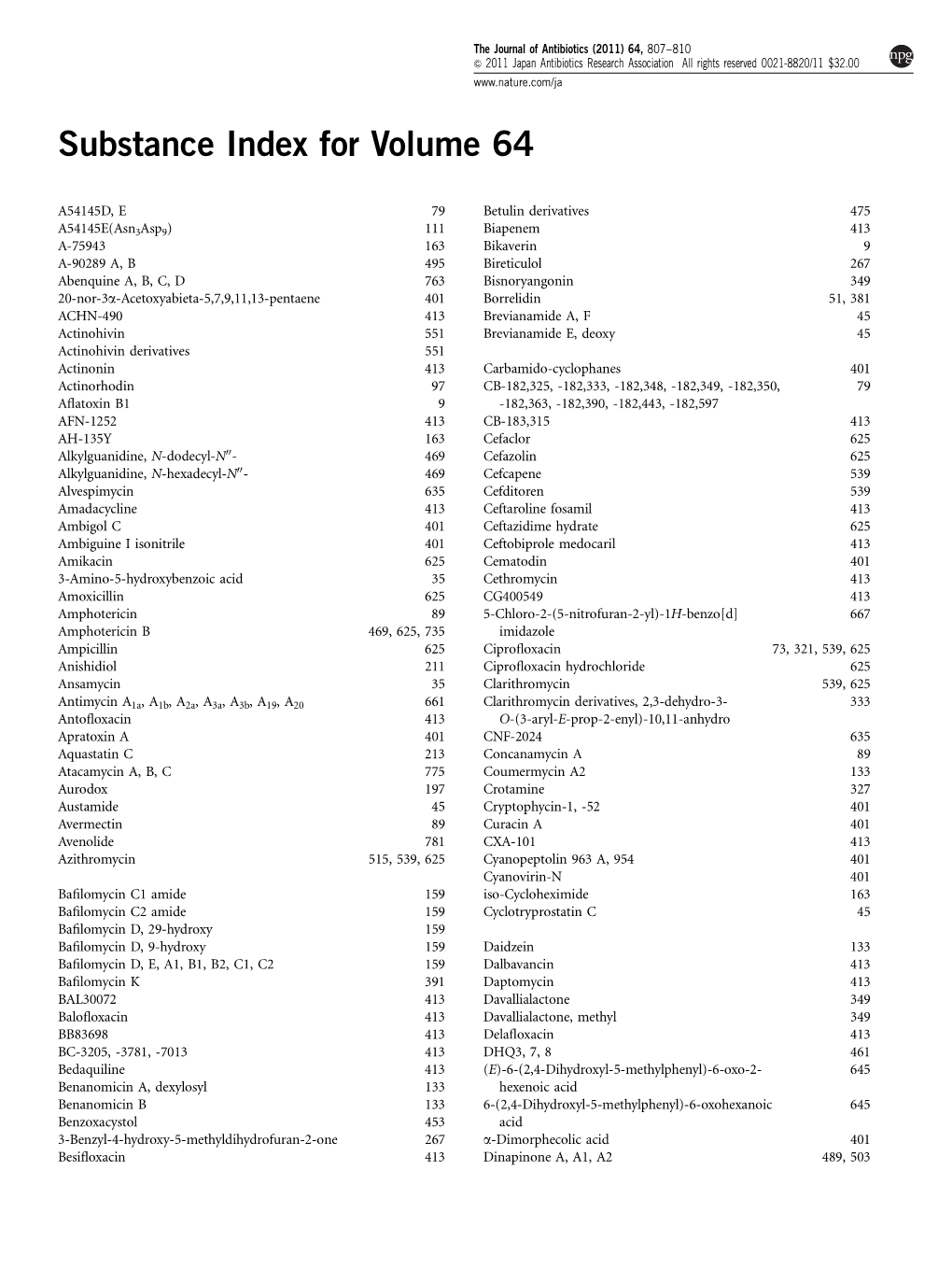 Substance Index for Volume 64