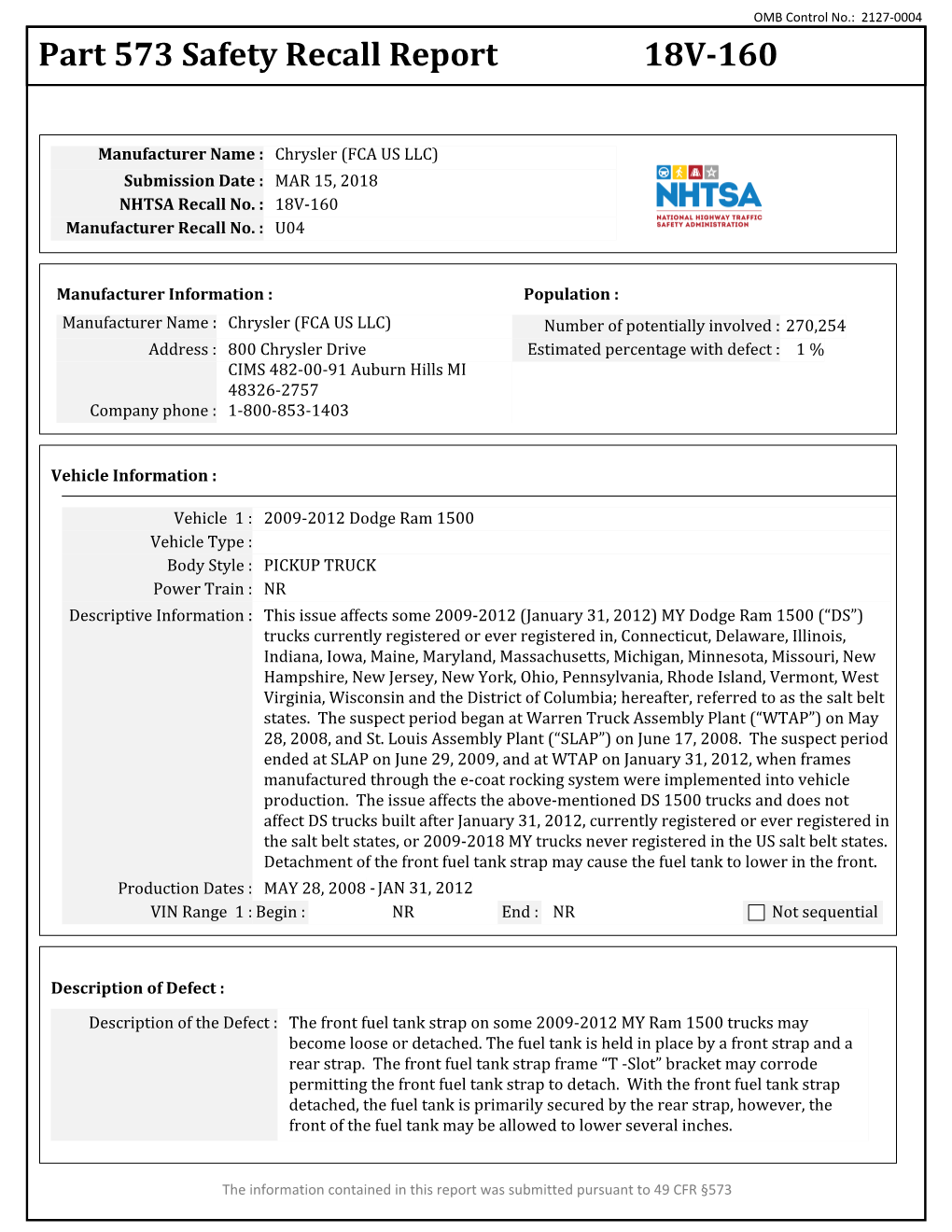 Part 573 Safety Recall Report 18V-160