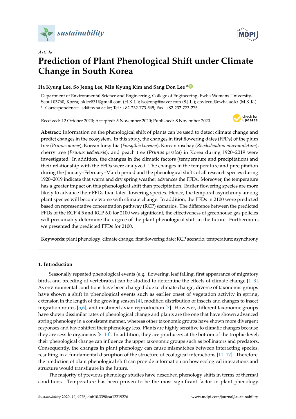 Prediction of Plant Phenological Shift Under Climate Change in South Korea